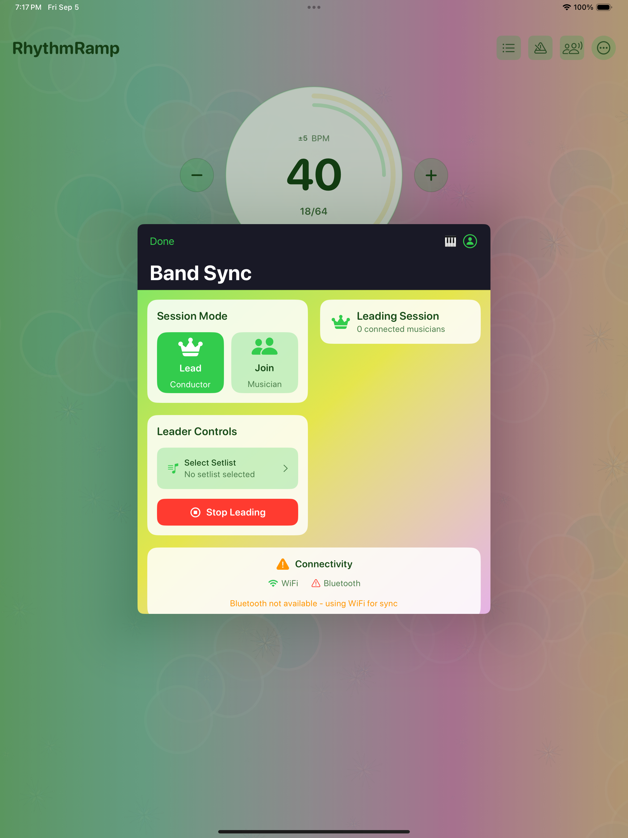 Band Sync panel showing leader mode and connectivity